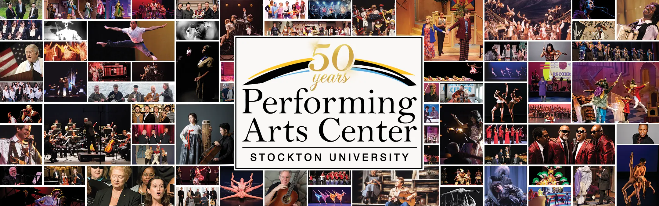 Collage celebrating Performing Arts Center's 50th anniversary at Stockton University, featuring diverse dance, music, and theater performances.