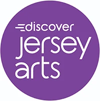 Purple logo reading “discover jersey arts” with lowercase text and white typography.
