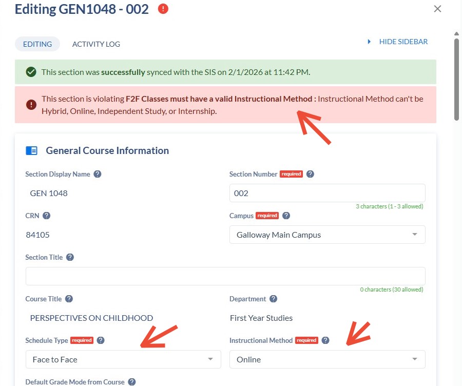 Screen showing the instructional method selector