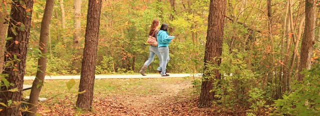 Students walking along Lake Fred