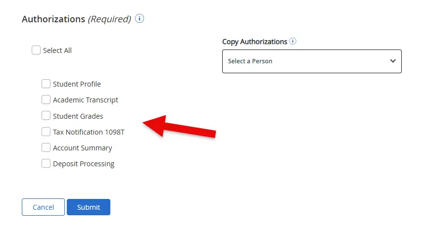 Authorization screen showing checkboxes for selecting which student information a proxy can access, with a red arrow pointing to the Tax Notification 1098T option.