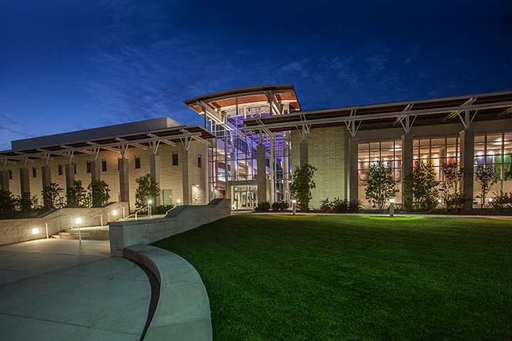 Photo of the campus center at night