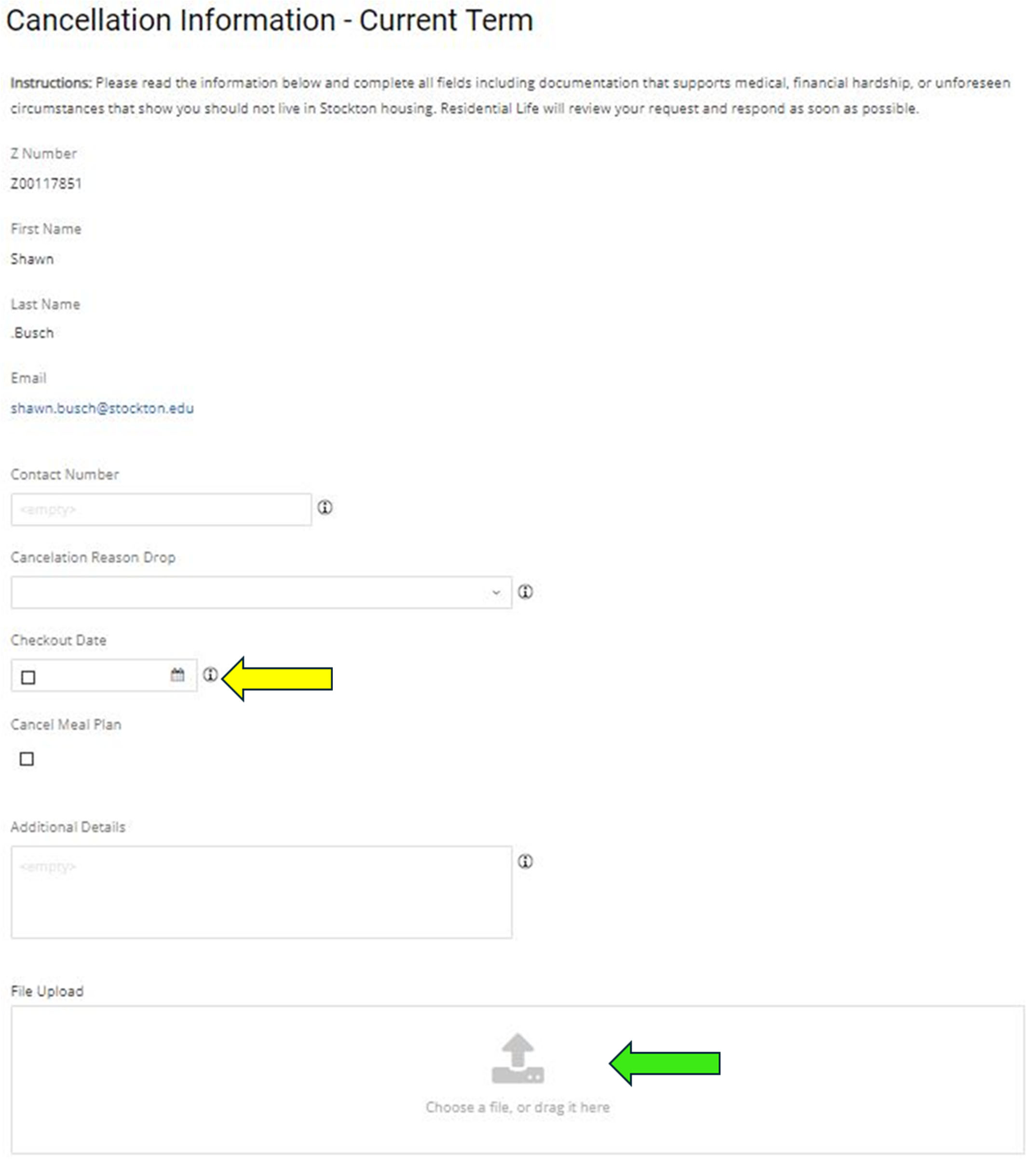 Housing Cancellation form fields screenshot