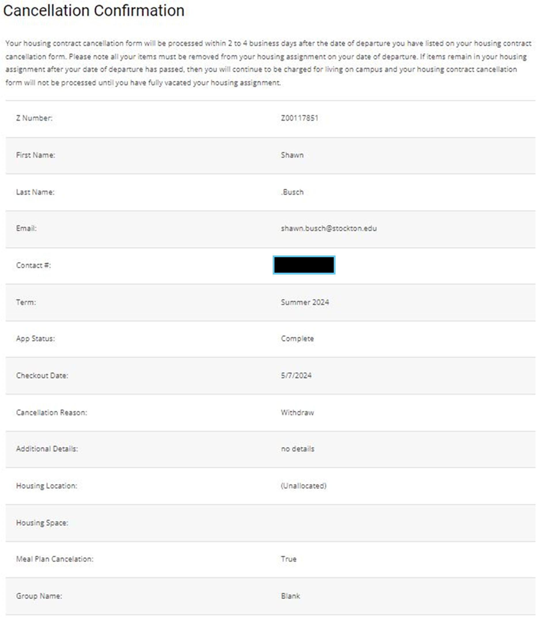 Housing Cancellation confirmation screenshot