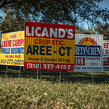 Yard signs promoting businesses