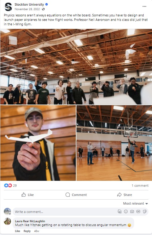 Facebook post of physics class on aerodynamics