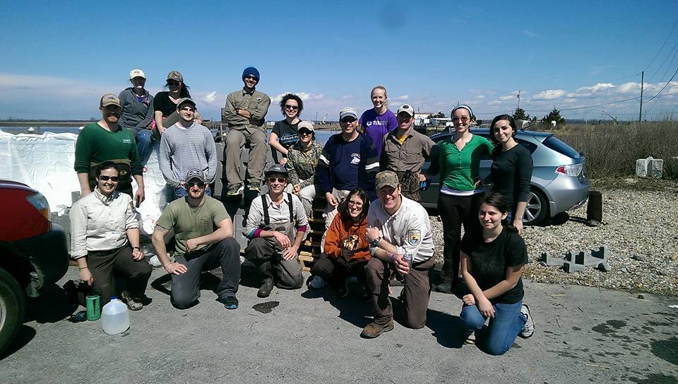 Fish and Wildlife Service, Partnership for the Delaware River and Nature Conservancy staff joined Stockton College students to work on the Gandy Beach/Nantuxent Creek living shoreline installation. Photo credit: Josh Moody/Partnership for the Delaware River