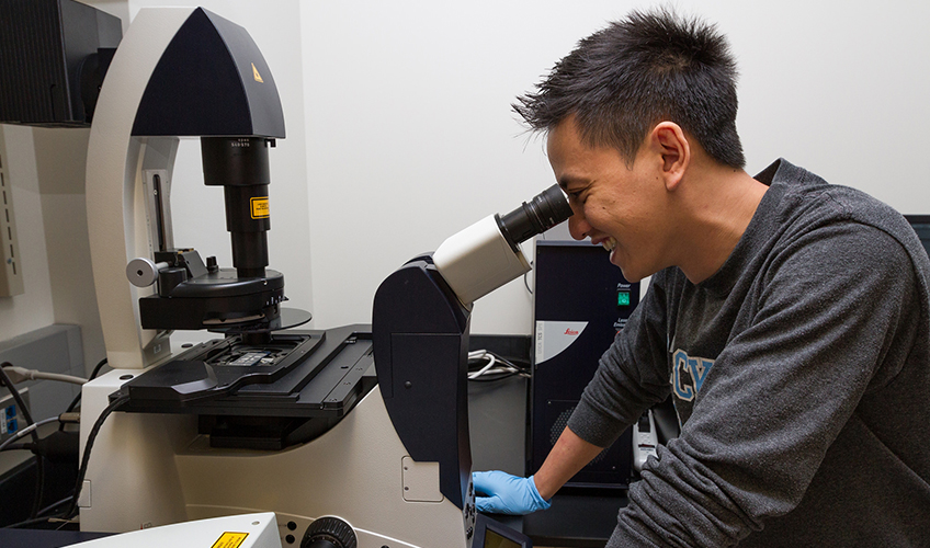 Image of student looking through the Leica TCS Confocal Microscope