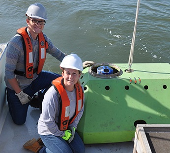 Image of Stockton Unviersity marine science student researchers restoring bay with oysters