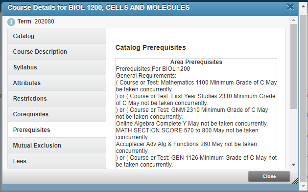 Image of prerequisite pop up box