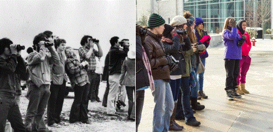 group men and women with binoculars 