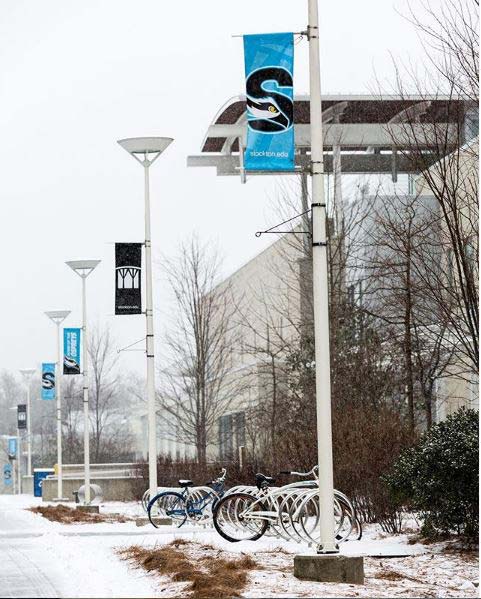 snow coming down outside of campus center with bicycles 