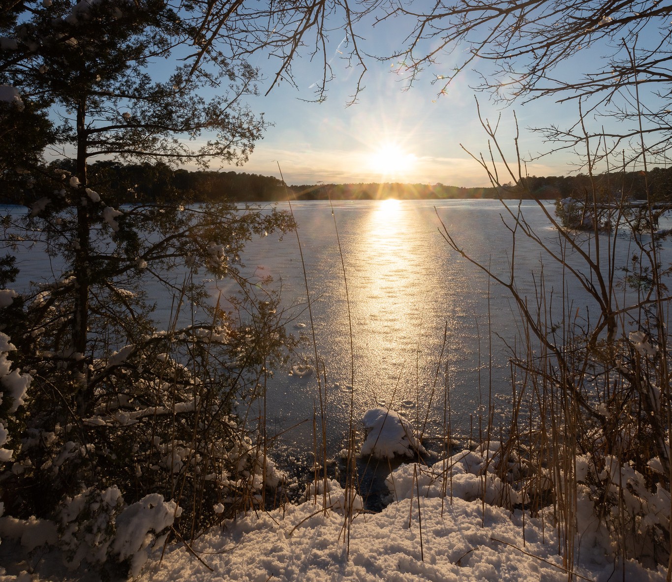 snow view of sunshine and Lake Fred after blizzard