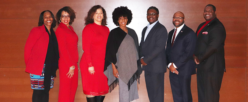 Stockton University alumni discussed how minoring in Africana Studies shaped their future. Pictured (from left to right): Donnetrice Allison, Pamela Thomas-Fields, Ariane Hutchins-Newman, Toyo Adoberin, Frank Assante, Marion McClary and John Gray.