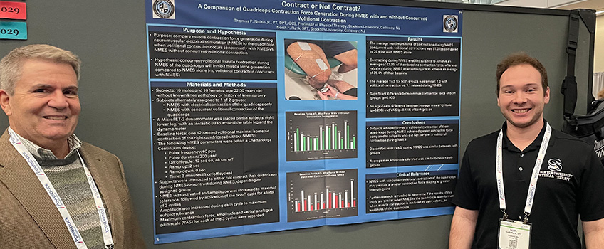 Thomas Nolan, professor of Physical Therapy, presented a research poster on "A Comparison of Quadriceps Contraction Force Generation during Neuromuscular Electrical Stimulation with and Without Volitional Contraction" with Stockton student North Runk.
