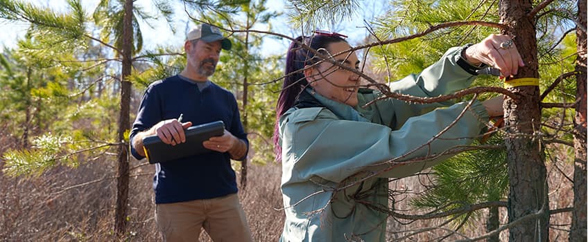 Professor with student in forest 