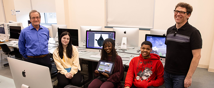 From left, Stockton Art Professor Michael McGarvey with his students Ruby Rodrigues, Tiffany Ibezim and Avery Garlic, and Biology Professor Matthew Bonnan. 