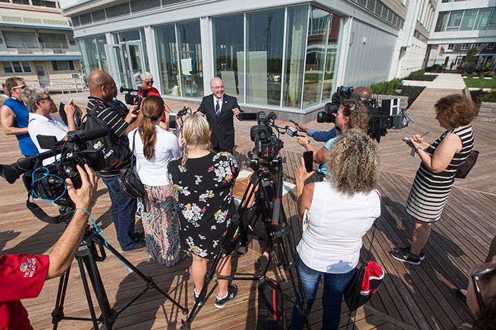 President Harvey Kesselman welcomes journalists and photographers from more than a dozen media outlets to Stockton Atlantic City for a first look.