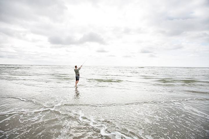 Ryan Tozour, a Biology major, practices casting during Adam Aguiar’s Ecology and Saltwater Fishing course that takes full advantage of the beachfront campus. 