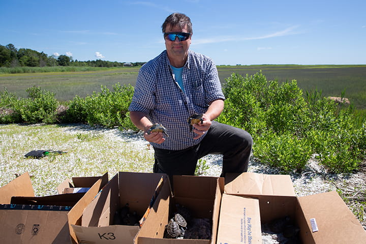 John Rokita prepares to release a terrapin