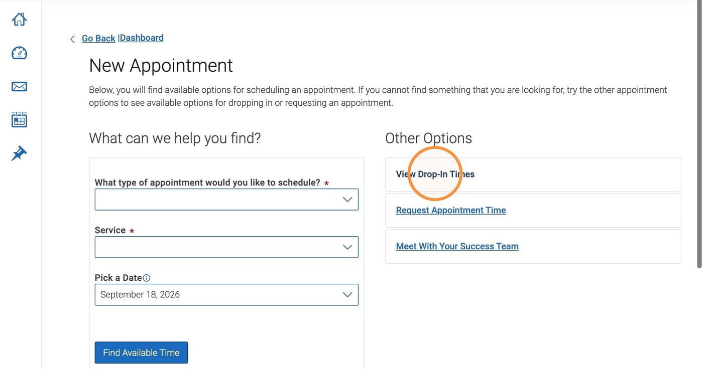 View Drop-In Times option