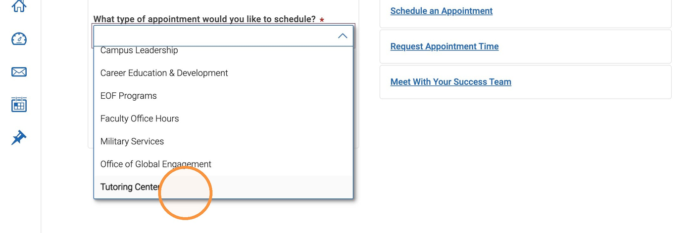 Appointment type menu with Tutoring Center selected