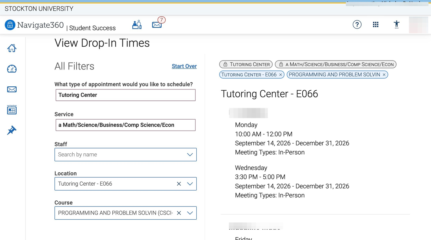 List of available tutors and drop-in times