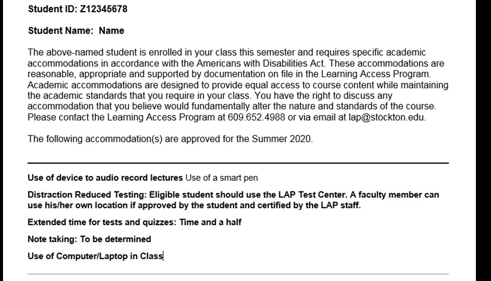 Sample Accommodation Letter