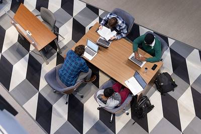 aerial view of students studying