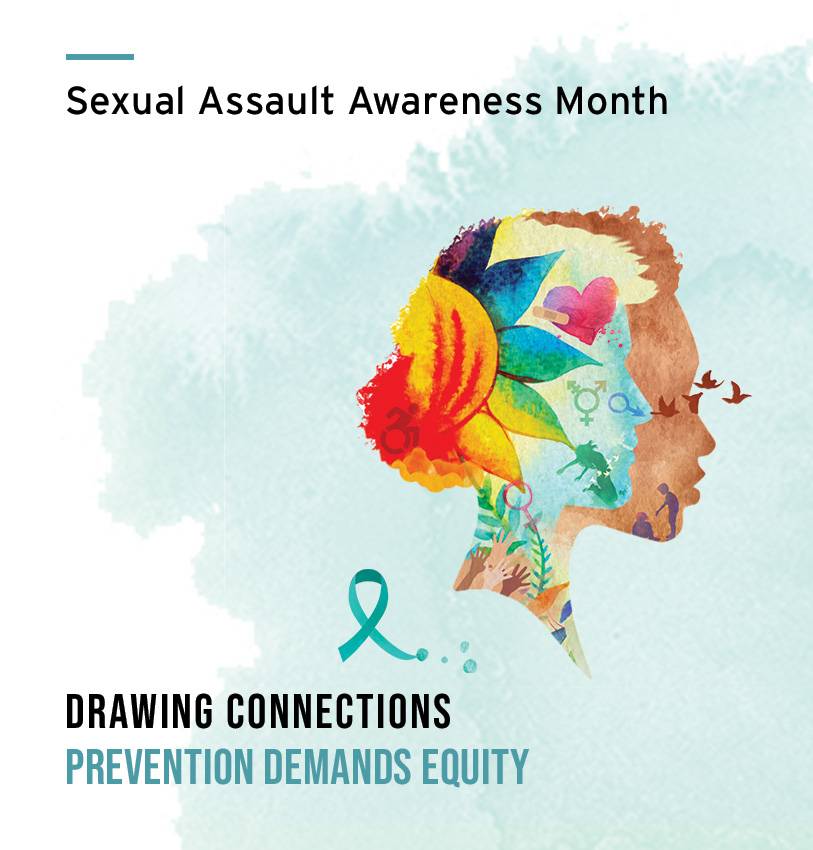 Silhouette of woman facing forward teal ribbon on bottom